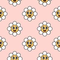 Groovy cartoon flower seamless pattern. Retro daisy characters. Vector illustration