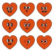 Groovy heart shape characters. Retro cartoon facial expression set. Vector illustration