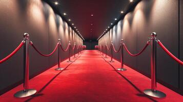AI generated Luxurious red carpet hallway with elegant barriers and ropes for VIP events, Ai Generated. photo