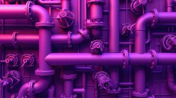 AI generated Mesmerizing image of a purple background with a labyrinth of pipes and valves, an industrial artwork, Ai Generated. photo