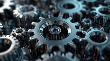 AI generated Detailed close-up of metallic gears revealing intricate mechanical interplay. Ai Generated photo