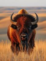 AI generated Colossal bison roams the vast, windswept prairie, a symbol of strength and resilience, Ai Generated. photo