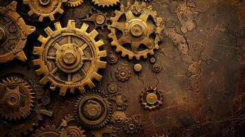 AI generated Immerse in the intricate world of steampunk with gears and cogs adorning the background. Ai Generated. photo