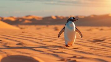 AI generated Symbolic of climate change, a penguin walks in the desert, a stark contrast, Ai Generated. photo