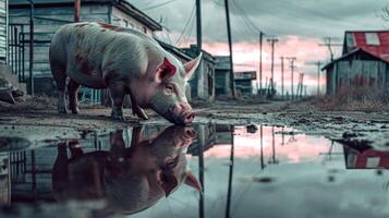 ai generado cinematográfico foto capturas un cerdo mirando dentro un charco, sus reflexión sustituido por otro cerdo, ai generado.