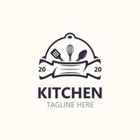 Kitchen logo vintage with plate, knife, spoon and fork for food restaurant vector
