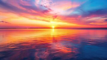 AI generated Vibrant sunset casts a colorful glow over a serene lake, a tranquil scene, Ai Generated photo