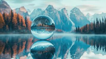 AI generated Abstract bubble reflects mountains and forest, creating a surreal landscape mirrored in a lake, Ai Generated photo