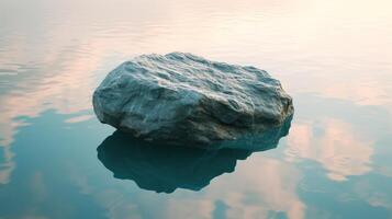 ai generado un solitario rock flotadores tranquilamente encima ondulación agua, sus reflexión reflejando tranquilidad, ai generado foto
