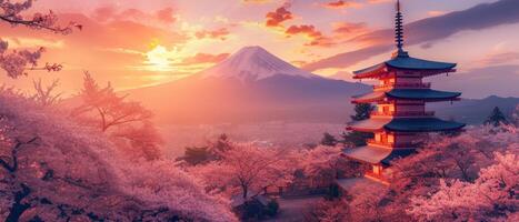 ai generado Cereza florecer arboles marco un hermosa japonés templo, creando un sereno y encantador escena, ai generado. foto