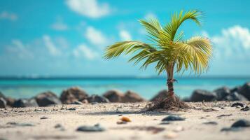 AI generated A petite palm tree sways gently on a sandy beach, rocks in the backdrop, Ai Generated photo