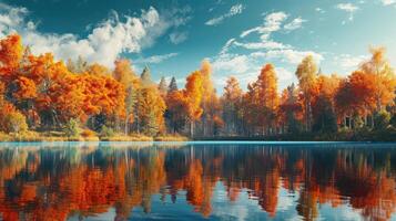 ai generado un asombroso panorama de otoño follaje reflejado en el del lago sereno belleza, ai generado. foto