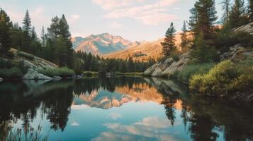 AI generated Tranquil mountain landscape with a serene lake reflecting its majesty, a peaceful haven, Ai Generated photo
