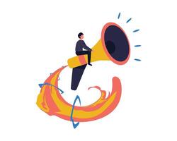 The concept of public relations, refer a friend, share information. illustration of a man riding on a megaphone and using  it to make an announcement. flat design vector illustration.