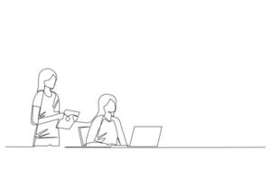 Continuous line drawing of two young female worker look at a laptop computer discussing about work together at the office. Job discussion concept continuous line draw design vector illustration