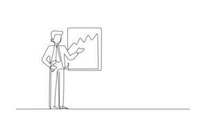 Continuous line drawing of a young businessman presenting a sales report with a graphic chart. Business meeting and presentation concept one line draw design vector