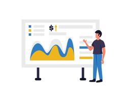 hombre soportes en frente de un grande tablero con financiero datos. analítica, económico informes, inversión y comercio. información acerca de el compañía. ventas administración concepto vector plano ilustración.