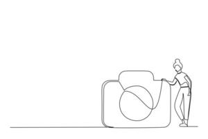 Continuous line drawing of a woman netxt to a DSLR photo camera and sample abstract. Professional digital photography session concept. Creative people world collection vector illustration