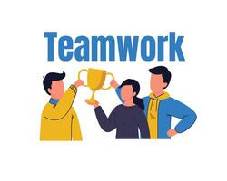 Business Teamwork concept. Successful team of three won a trophy. Flat cartoon vector illustration.
