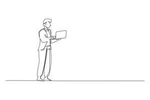 dibujo de una sola línea de joven hombre de negocios inteligente con traje de pie mientras sostiene una computadora portátil. concepto de negocio. dibujo de línea continua moderna. Ilustración de vector gráfico de diseño minimalista
