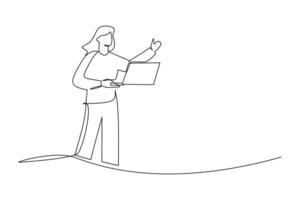 Continuous one line drawing of young female worker standing while holding laptop to type. Success business manager. Minimalist concept. Trendy single line draw design vector graphic illustration