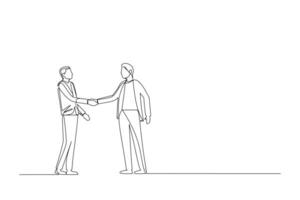 Single line drawing of businessmen handshaking his business partner after their project goal. Great teamwork. Business deal concept with continuous line draw style vector graphic illustration