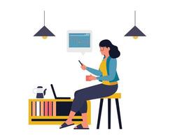 businesswoman have a cup of coffee and looking at the sales data on a smartphone and laptop computer in the workplace. Business management vector illustration design