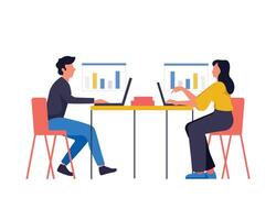 Man and woman at work. Couple sitting in office and looking for information on Internet. Computer work, discussion. Employees, workflow. Flat vector illustration isolated on white background