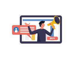 Man come out from a monitor with advertising buyer campaign. Internet marketing concept Vector illustration.