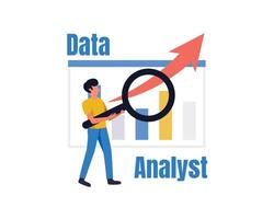 Man with magnifying glass. Flat vector business people working for data analytics and monitoring on web report dashboard monitor and business finance investment concept