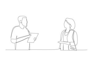 Continuous line drawing of two young male and female worker holding a paper and discussing about work together at the office. Job discussion concept hand drawn style design vector illustration