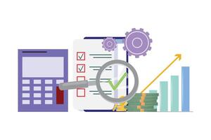 Calculator, Magnifying Glass, Money, and Mobile Phone. Task Efficiency, Checklists, and Economic Growth vector