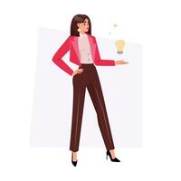 Beautiful businesswoman unveils a light bulb symbolising new ideas and project brilliance. Female business concept illustration vector