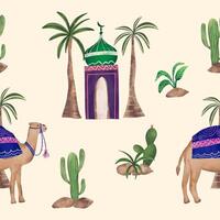 Desert illustration camel, mosque, cactus plant and palm tree ornament seamless pattern. vector