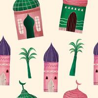 arabic house, mosque and cactus plant cute illustration pattern for background, wallpaper, texture. vector