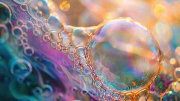 AI generated Close-up of a soap bubble adorned with colorful swirls, a mesmerizing and ephemeral art, Ai Generated. photo