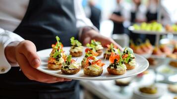 ai generado camarero graciosamente regalos aperitivos en un plato a festivo evento, ai generado foto