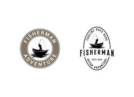 Fisherman in boat logo design. Vintage fishing logo design vector