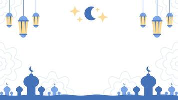 Illustration of Ramadan Kareem Banner Background with Arabic Lanterns, Crescent Moon, and Mosque Silhouette. Light backdrop variant. vector