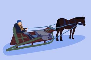 A girl on a sled in a harness. vector