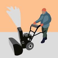 Vector isolated illustration of a man removing snow with a snowplow.