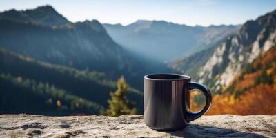 AI generated Photorealistic composition at a rest stop. Mug with a drink against a background of a mountain landscape photo