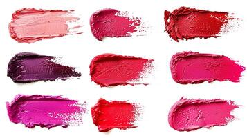 ai generado conjunto de mate lápiz labial muestras, rojo y rosado sombras. cosmético producto foto