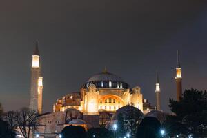 Hagia Sophia or Ayasofya Mosque view at night. Ramadan or islamic concept photo