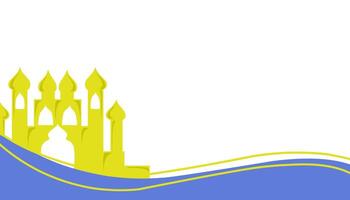 The background theme is Ramadan and Muslim holidays with a silhouette of a yellow mosque and blue waves. vector