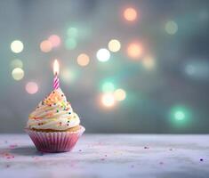 AI generated Birthday cupcake on blurred light background photo