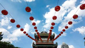 blue sky cloud white colour view beautiful red pink orange colour lantern wat dragon temple religion china chinese new year culture ancient art traditional animal sculpture buddhism celebration design photo