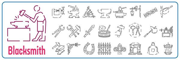 Blacksmith line icon set. Crafting anvil with hammer line art vector icon for games and websites.