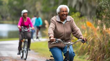 ai generado contento africano americano mayor mujer montando bicicleta en parque. mayor personas haciendo al aire libre actividad. foto