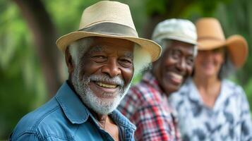 ai generado retrato de contento mayor africano americano hombre vistiendo sombrero y azul camisa. foto